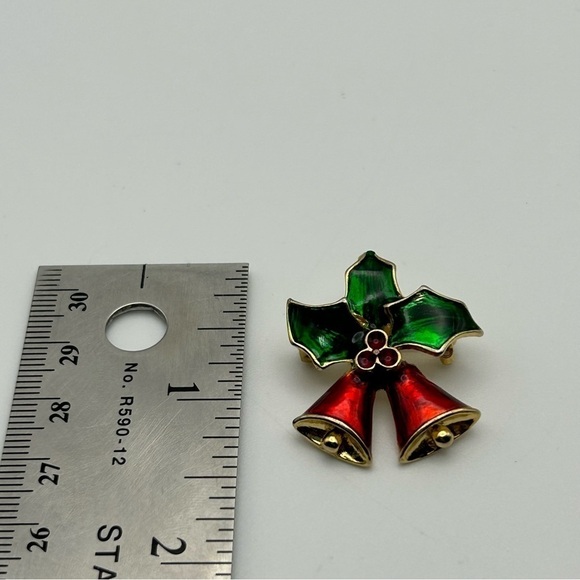 Vintage Small Red and Green Enamel Christmas Jingle Bells with Holly Dainty - Picture 4 of 4